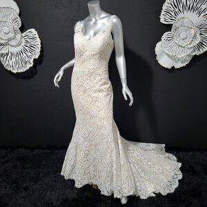 NWT~$1450~ELLA ROSA~10/12~IVORY NUDE FLORAL LACE FIT & FLARE WEDDING DRESS GOWN